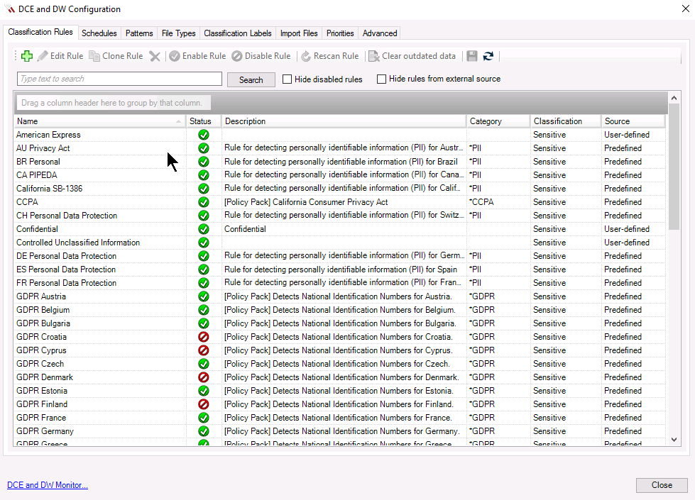 screenshot of DCE and DW configuration