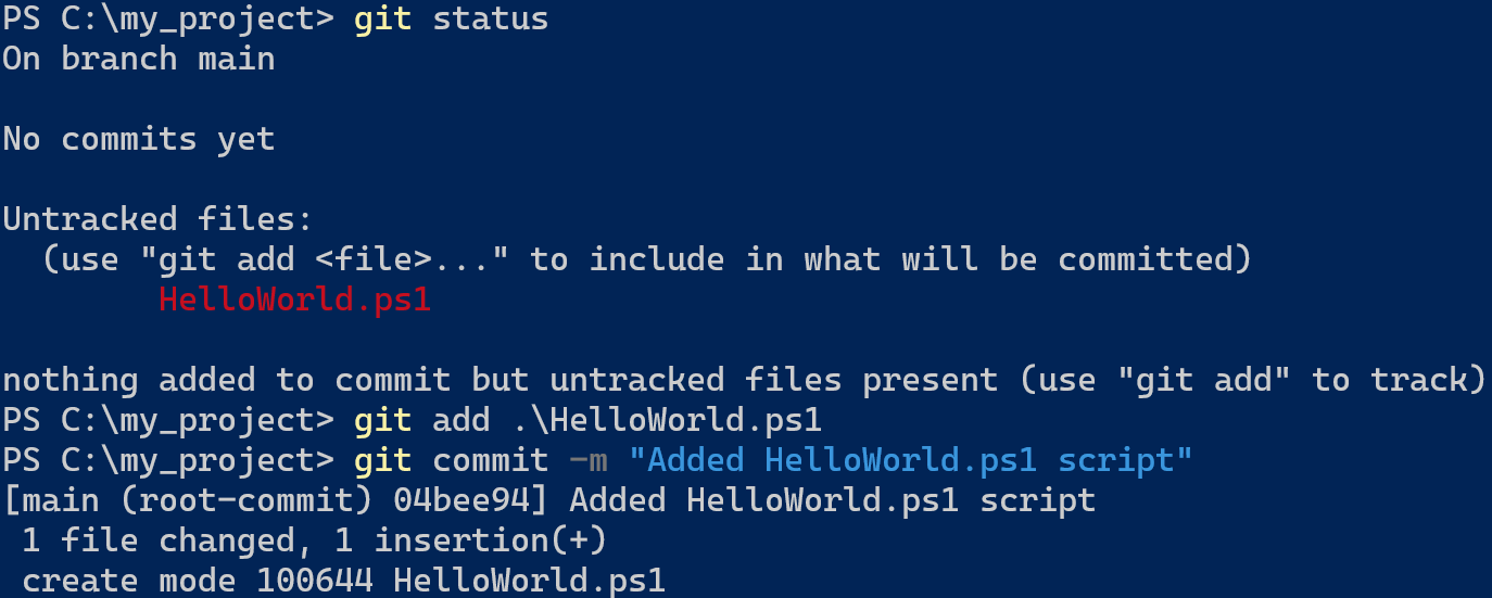 Ein Screenshot der Erstellung eines ersten Git-Commits vor dem Mergen in Git
