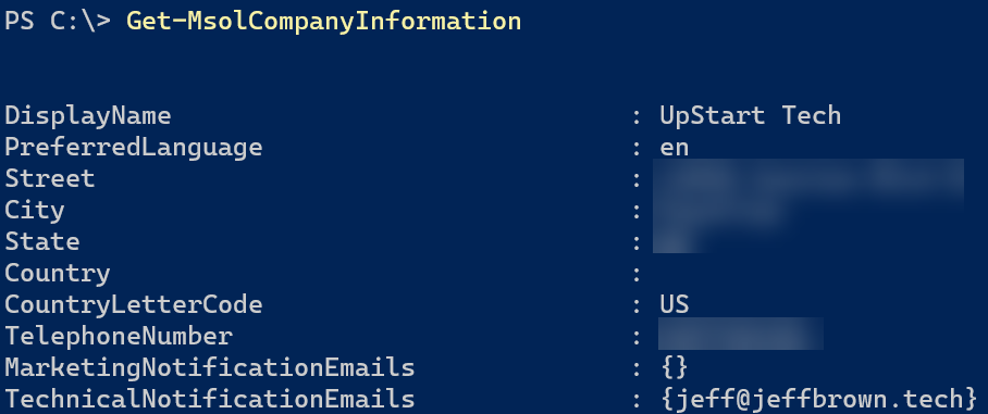 Screenshot vom Abrufen einer Msol-Unternehmensinfo