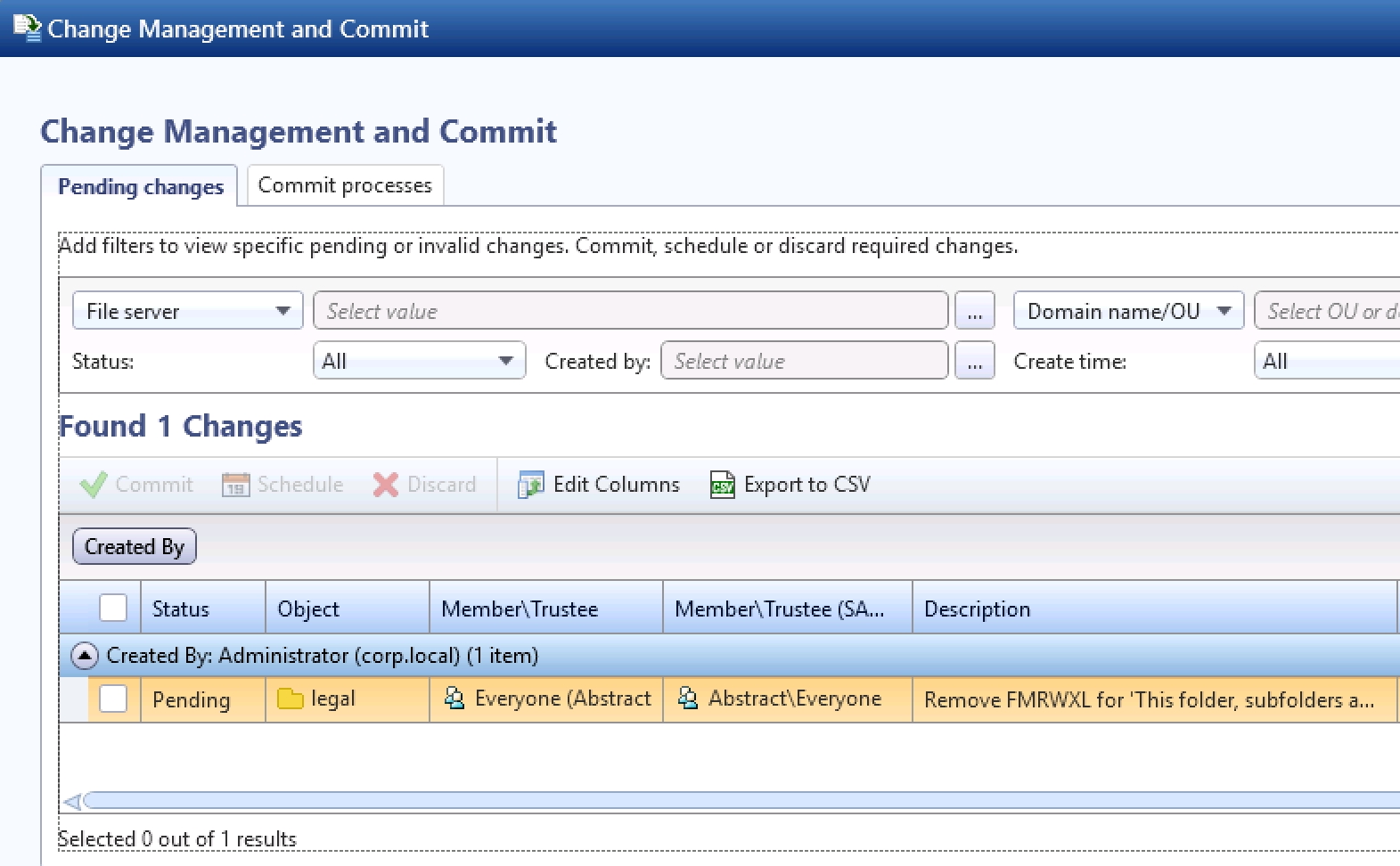 DatAdvantage Commit dialog with pending changes