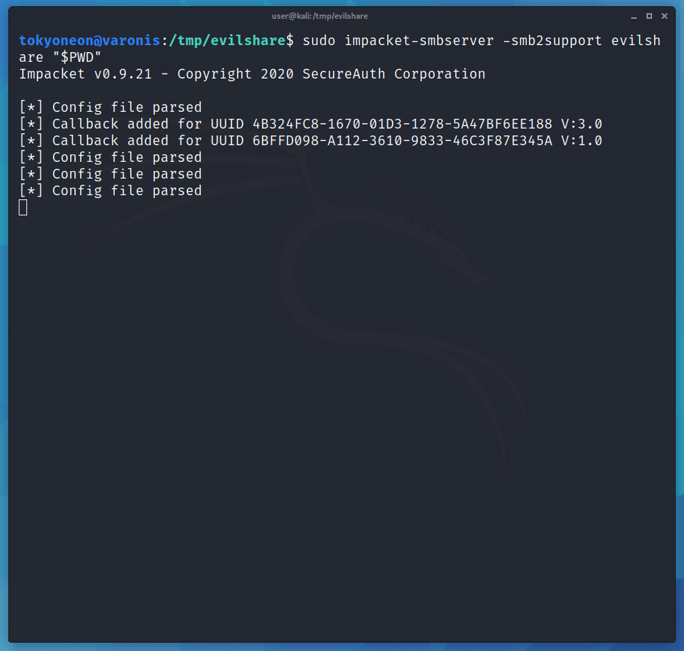 screen capture of a PowerShell impacket-smbserver