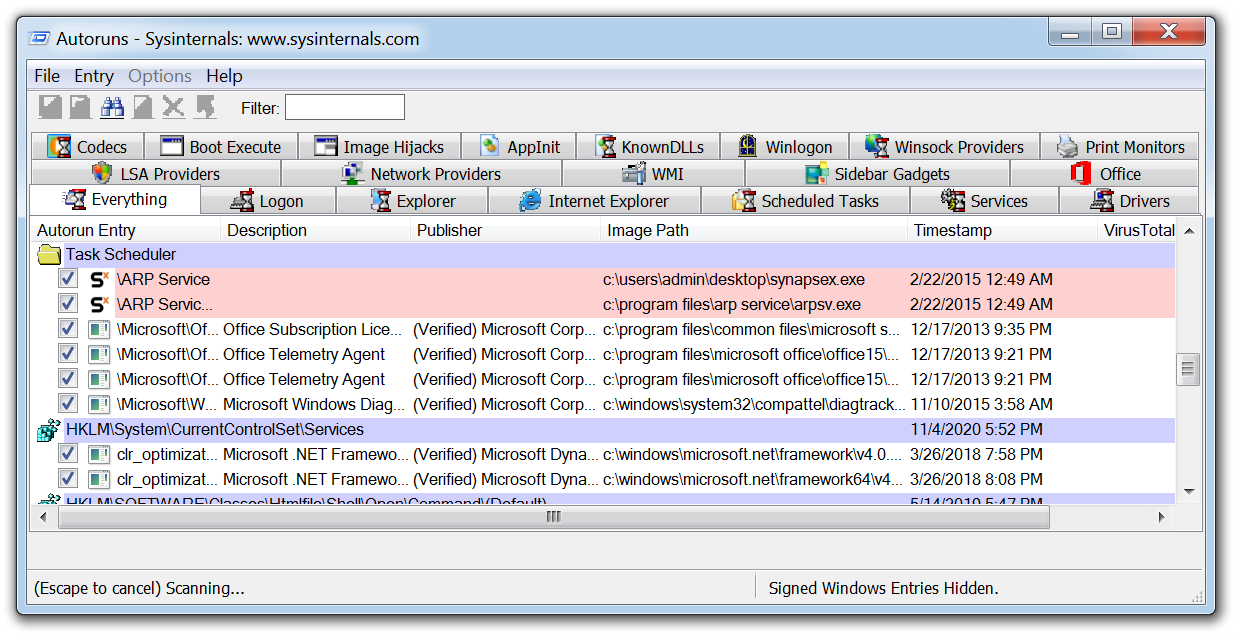 capture d’écran de l’utilisation de l’outil d’analyse des malwares Autoruns