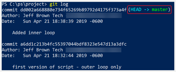 Ein Screenshot der Verwaltung von Git-Commits in PowerShell