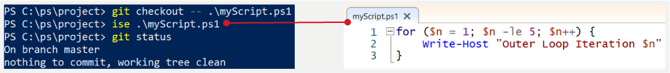 Ein Screenshot des Auscheckens einer Datei aus einem Commit mit „Git checkout“