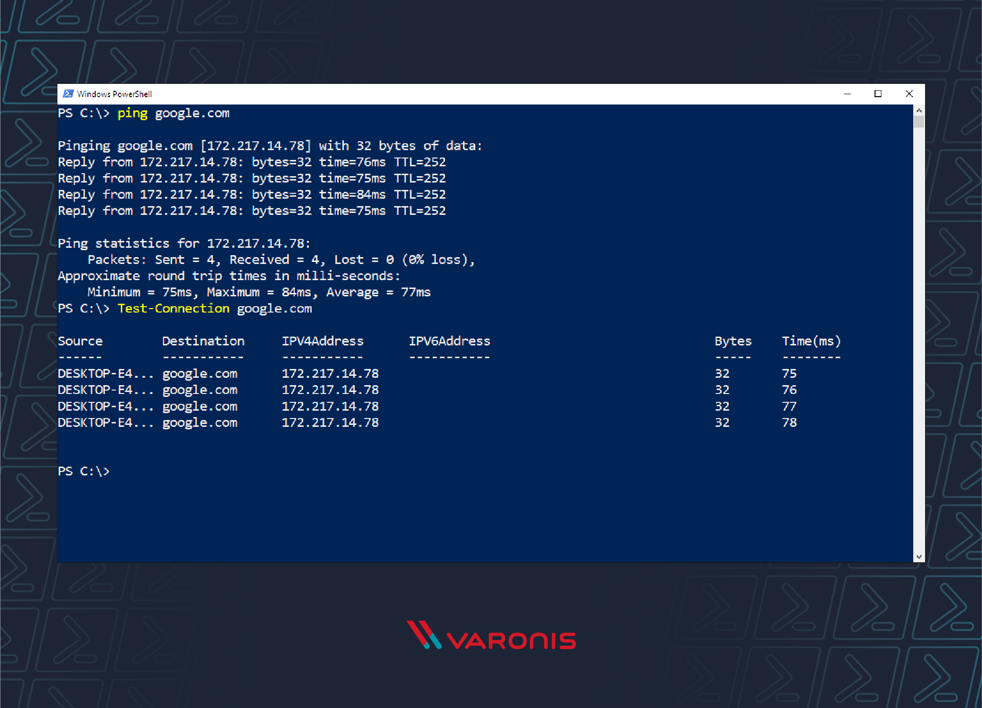 PowerShell scripting for beginners test connection output screenshot
