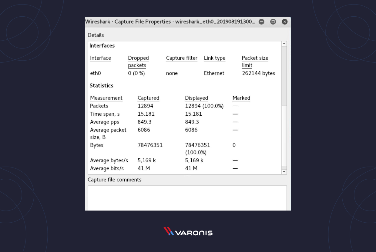 capture d'écran des propriétés du fichier de capture de Wireshark