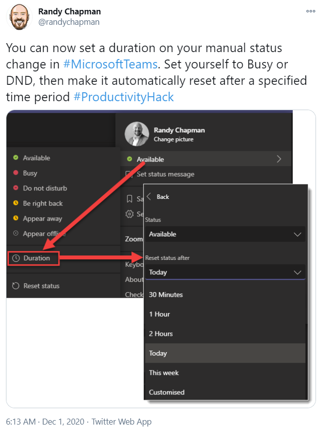 Updates und Neuigkeiten über Microsoft-Teams, ein Screenshot von Randy Chapmans Tweet über Statusänderungen in Microsoft-Teams