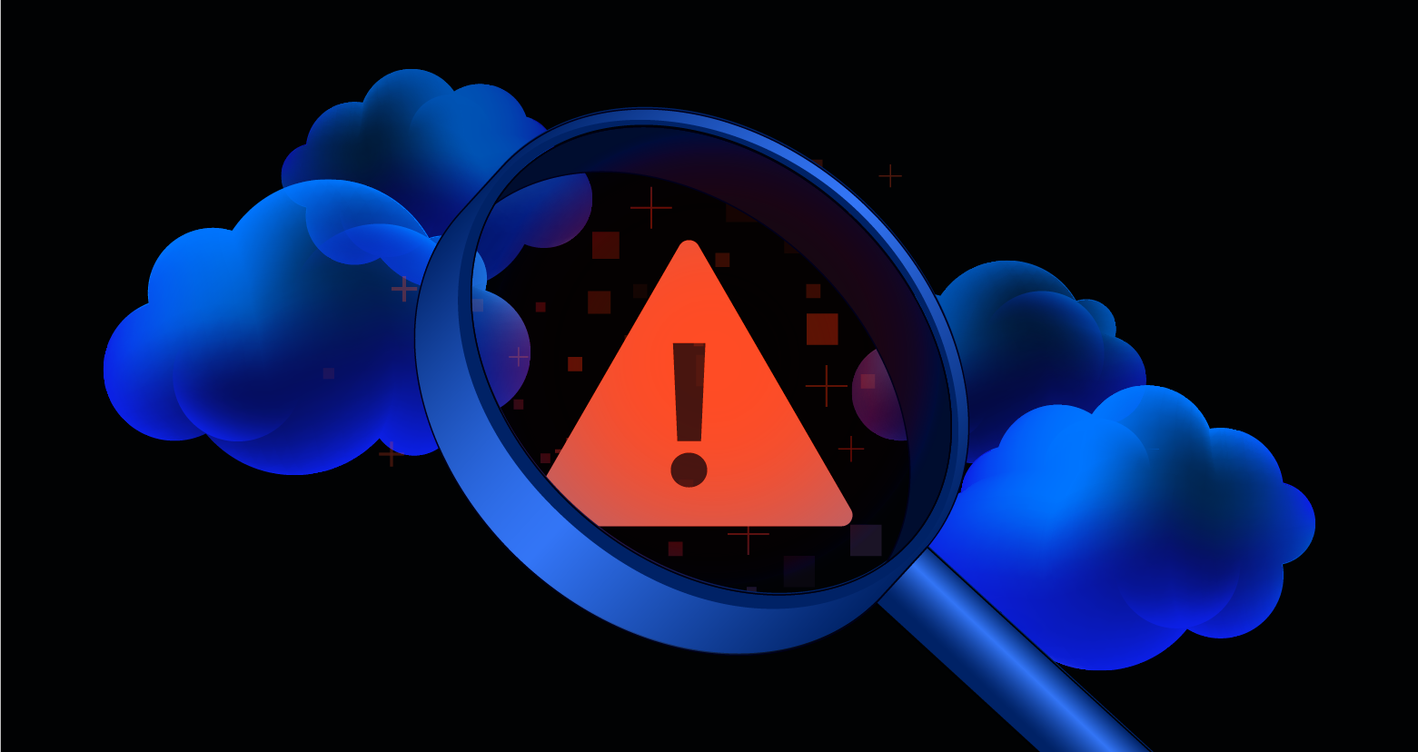  A magnifying glass focuses on a red triangular warning sign with an exclamation mark, set against a backdrop of blue clouds and a dark sky with scattered squares.