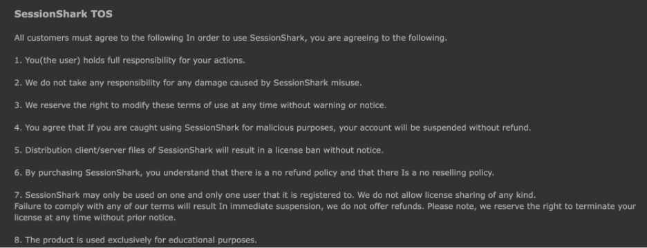 The ‘educational’ terms of service for SessionShark