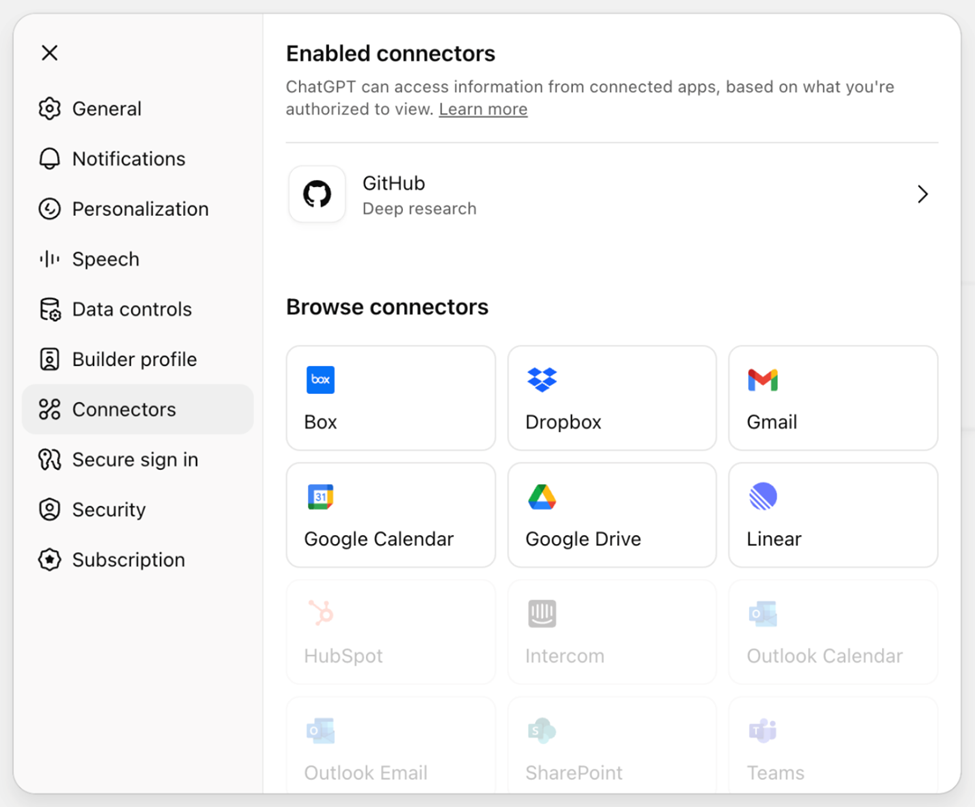 Enable or Disable Connectors for ChatGPT Enterprise in Admin Settings