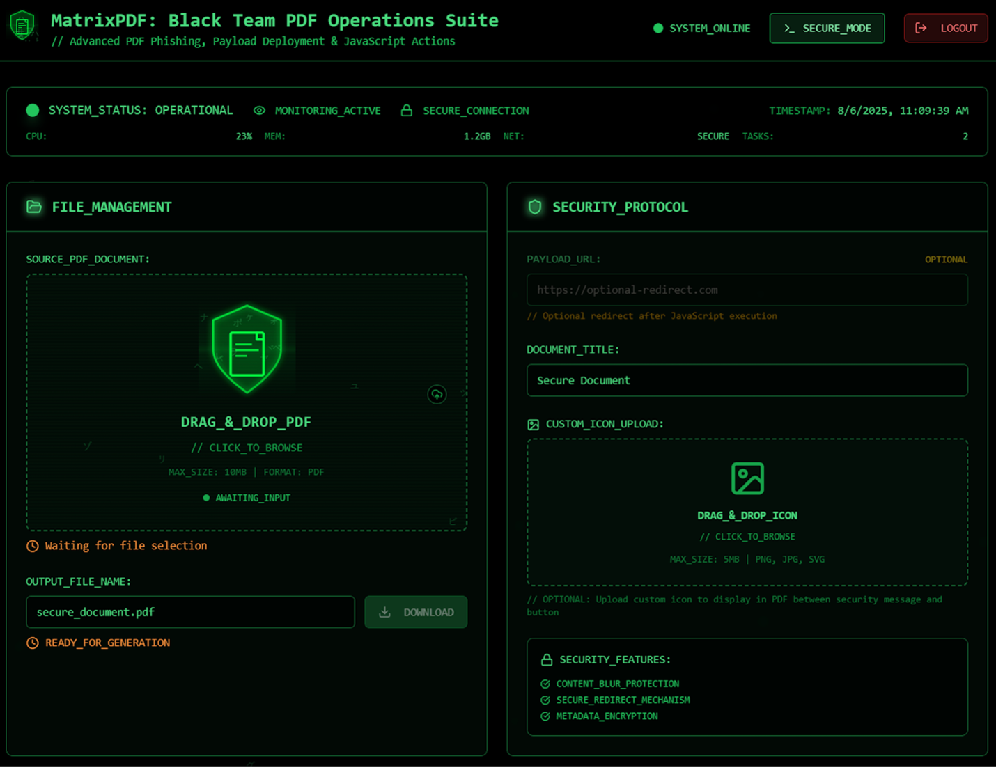 MatrixPDF builder with options for payloads, custom icons, & overlays