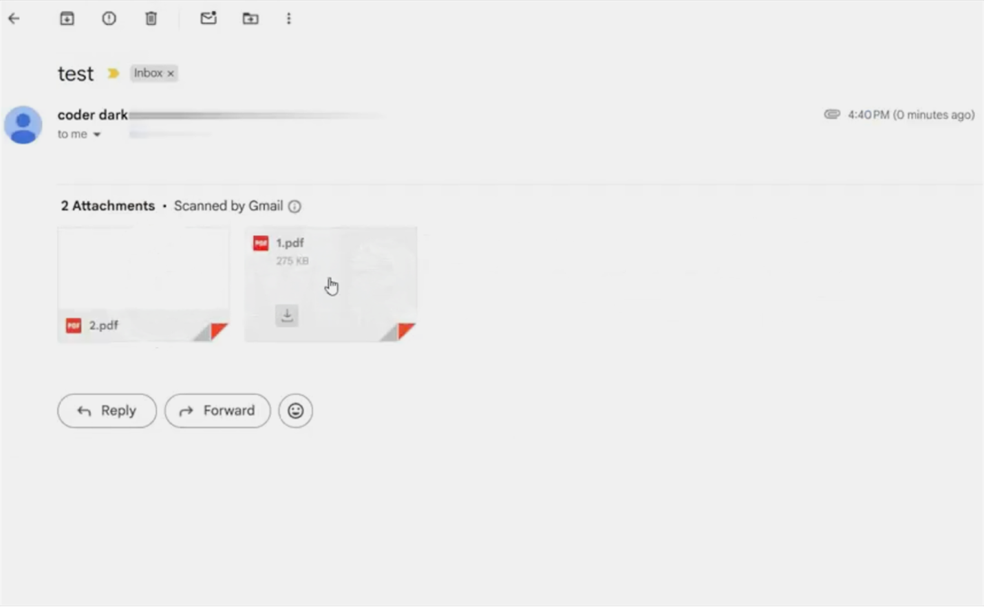 Gmail inbox showing the malicious PDF attachment passing initial scans